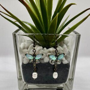 Opal Dragonfly - Handcrafted Imitation Opal Drop Earrings